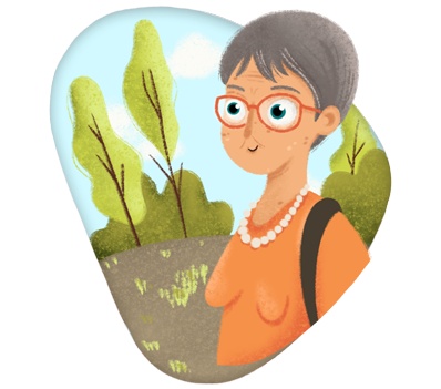 Ilustración de una mujer mayor paseando al aire libre