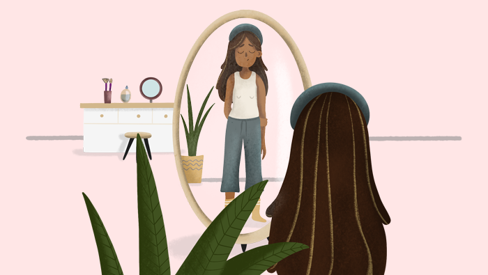 Ilustración de una mujer mirándose al espejo con cara triste
