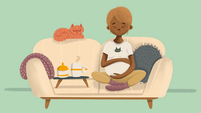 Ilustración de una mujer embarazada con dolor de barriga