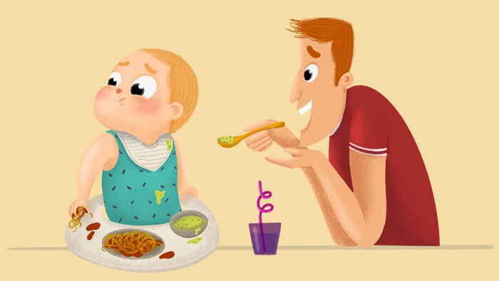 Ilustración de un padre dando de comer a su bebé