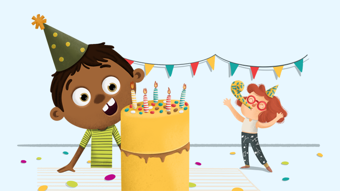 Ilustración de un niño celebrando su cumpleaños con amigos