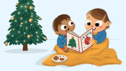 Ilustración de dos hermanos leyendo un cuento en Navidad