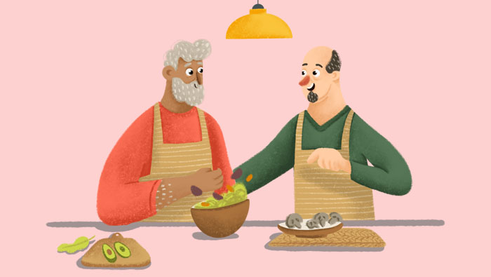 Ilustración de dos hombres adultos cuidando su alimentación