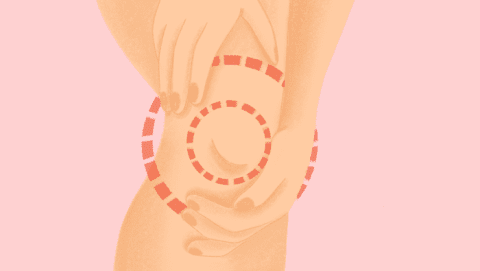 Ilustración de una mujer con dolor articular en la rodilla