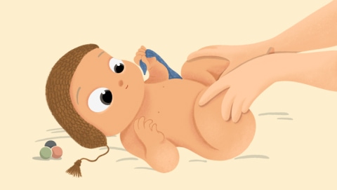 Ilustración de un bebé siendo estimulado con ejercicios de gimnasia