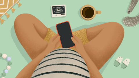 Ilustración de una mujer embarazada utilizando una app del móvil