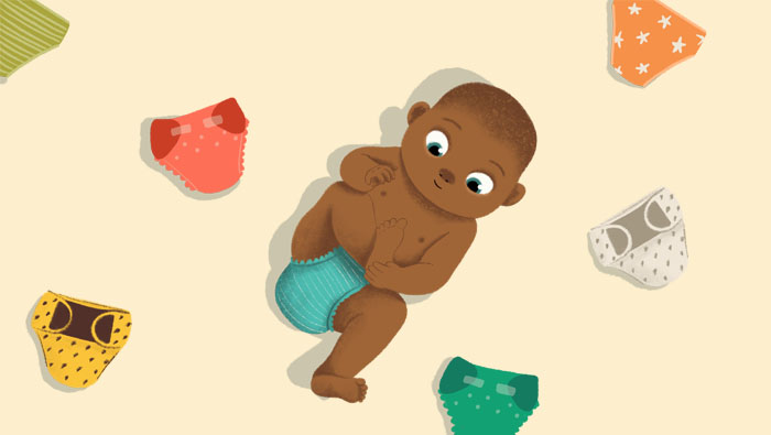 Ilustración de un bebé con distintos tipos de pañales a su alrededor