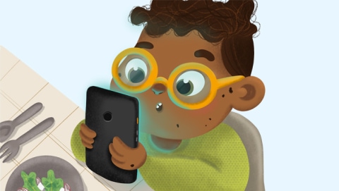 Ilustración de un niño pequeño usando teléfono móvil