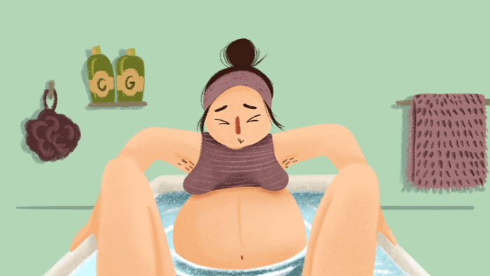 Ilustración de una mujer dando a luz en casa
