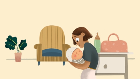 Ilustración de una madre y abuela abrazando al recién nacido