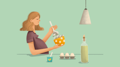 Ilustración de una mujer embarazada comiendo alimentos ricos en vitamina D