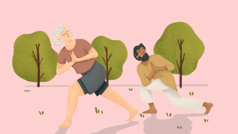 Ilustración de dos adultos haciendo yoga al aire libre