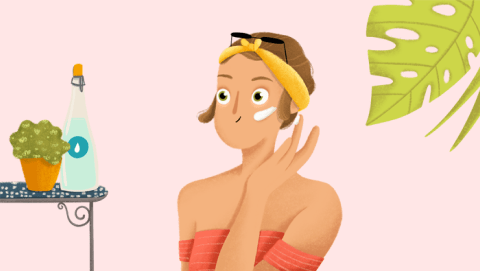 Ilustración de una mujer poniéndose crema en la cara en verano