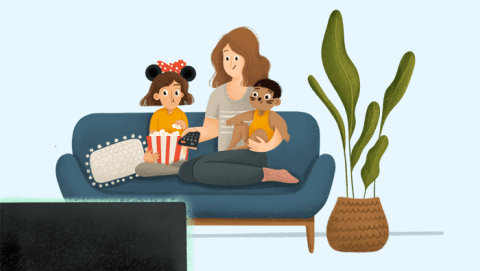 Ilustración de una familia viendo una película infantil