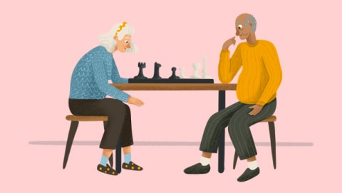 Ilustración de una pareja de ancianos jugando al ajedrez