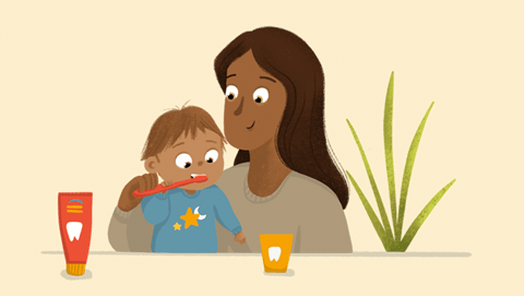 Ilustración de una madre ayudando a su hijo a cepillarse los dientes