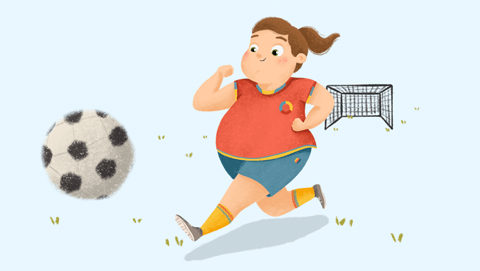Ilustración de una niña con sobrepeso jugando a fútbol