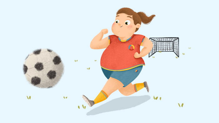 Ilustración de una niña con sobrepeso jugando a fútbol