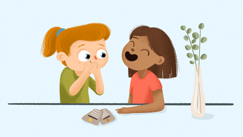 Ilustración de dos niñas intentando decir trabalenguas en voz alta