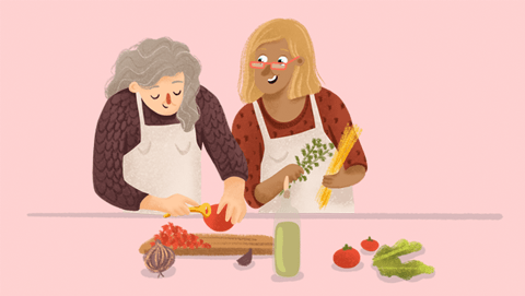 Ilustración de dos mujeres cocinando juntas y siguiendo una dieta equilibrada