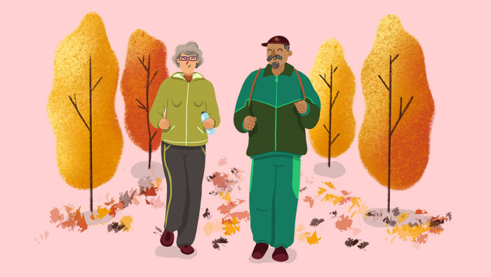 ejercicios personas mayores, ilustración pareja mayor caminando naturaleza
