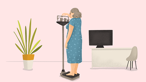 Ilustración de una mujer controlando su peso durante el climaterio