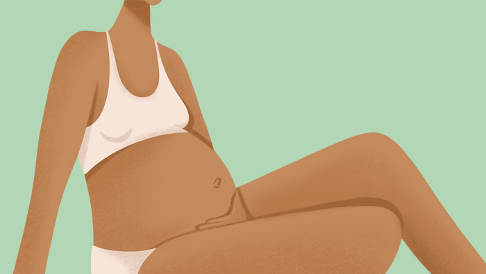 Ilustración de una mujer embarazada con dolor de ombligo