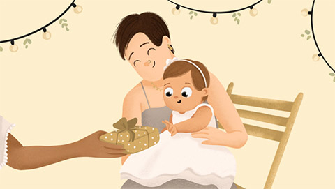 Ilustración de una bebé recibiendo un regalo en su bautizo