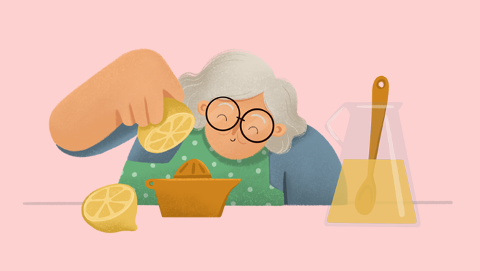 Ilustración de una mujer exprimiendo limones