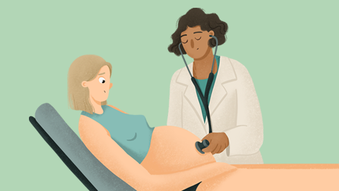 Ilustración mujer embarazada en la consulta médica