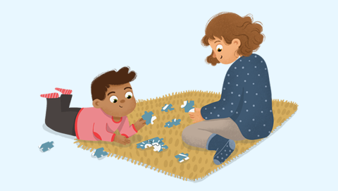 Ilustración niños haciendo un puzzle