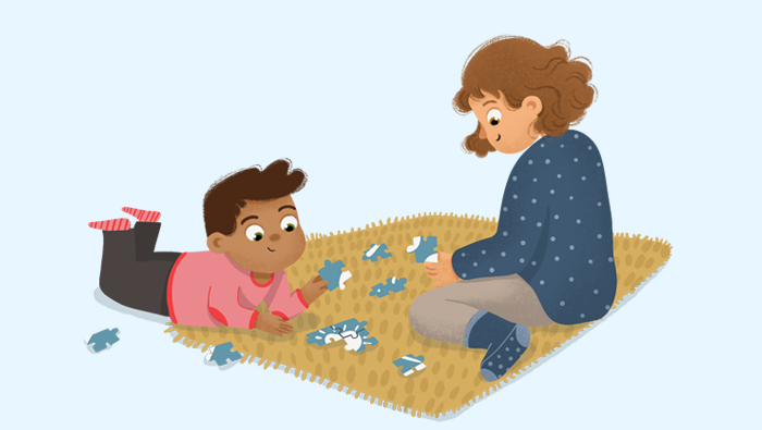Ilustración niños haciendo un puzzle