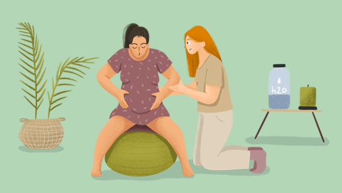 Ilustración de una doula ayudando a una embarazada
