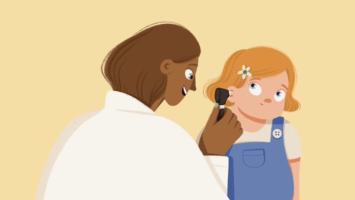 Ilustración de una niña con cera en los oidos
